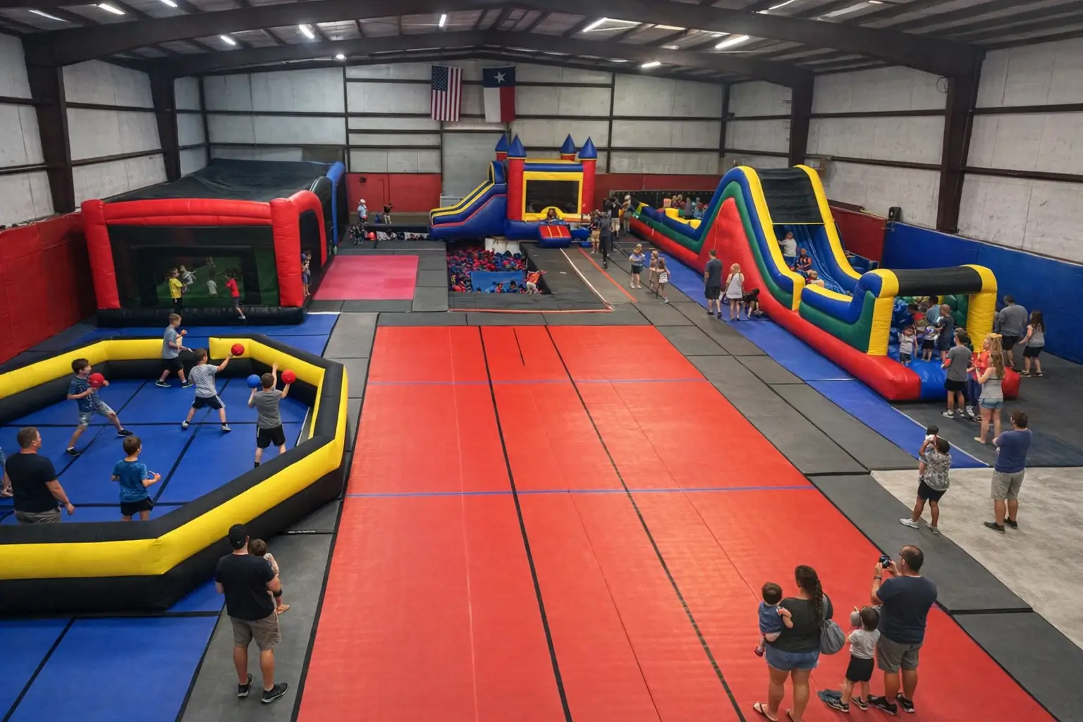 Indoor bounce house venue in Waco TX at Bouncing Fun Factory, full facility view